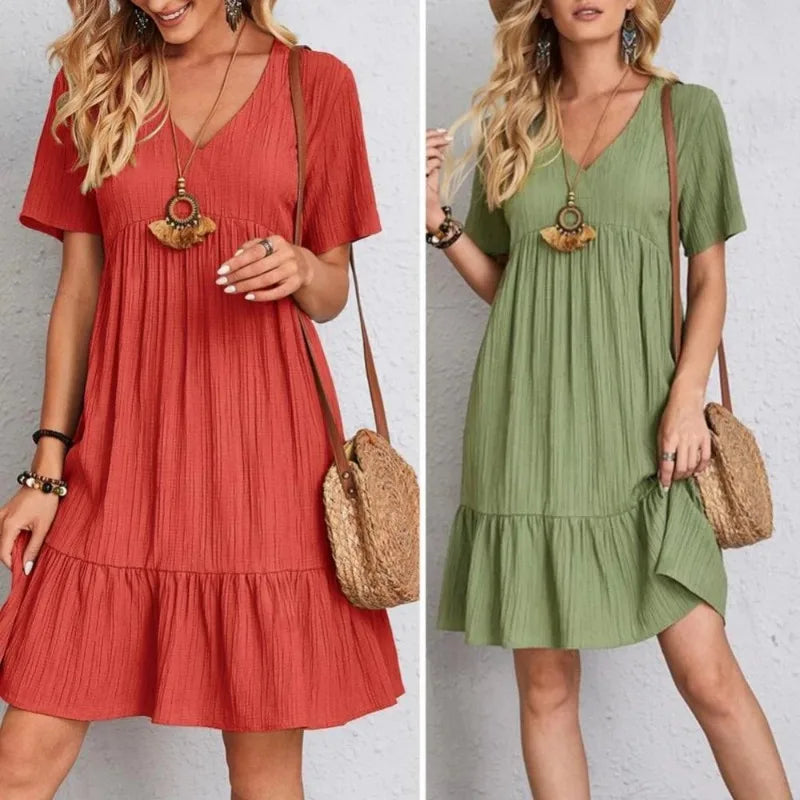 Elegant V-neck Short Sleeve Ruffles Loose Dress