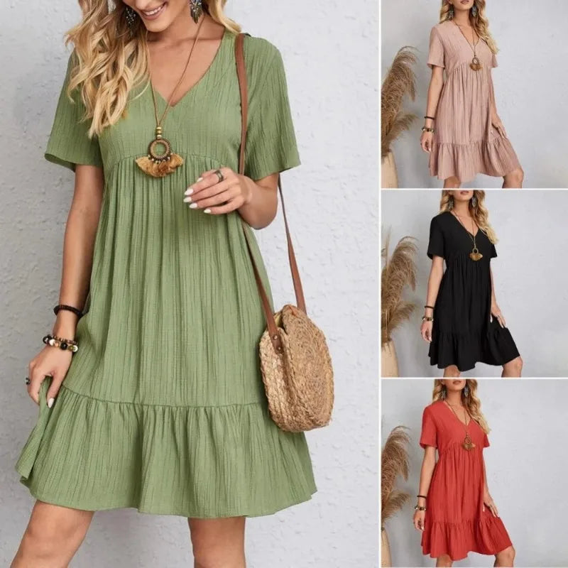 Elegant V-neck Short Sleeve Ruffles Loose Dress