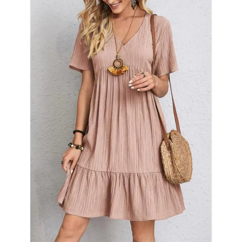 Elegant V-neck Short Sleeve Ruffles Loose Dress