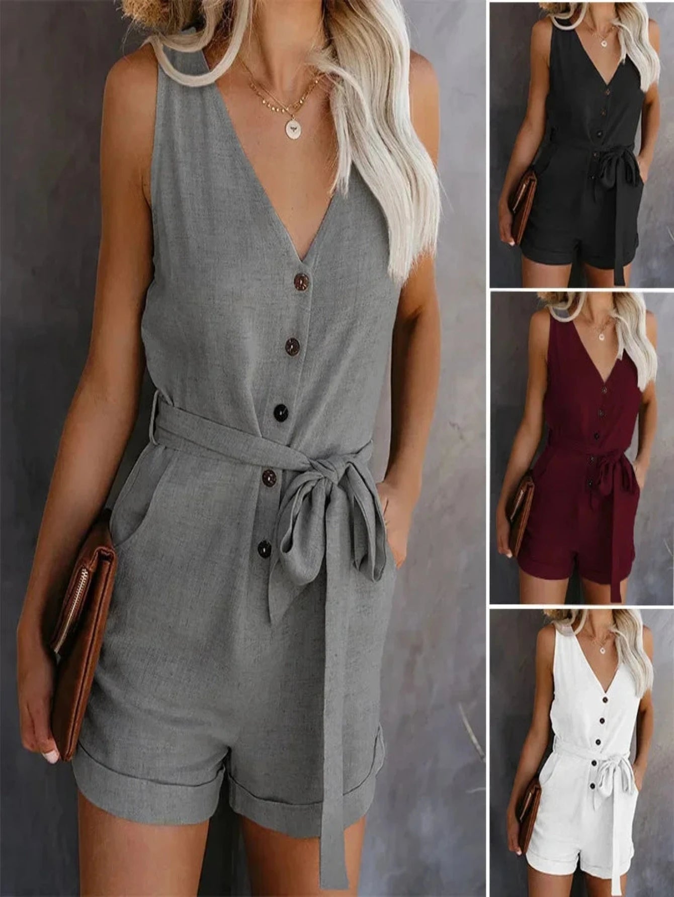 Casual V-neck Monochromatic Jumpsuit