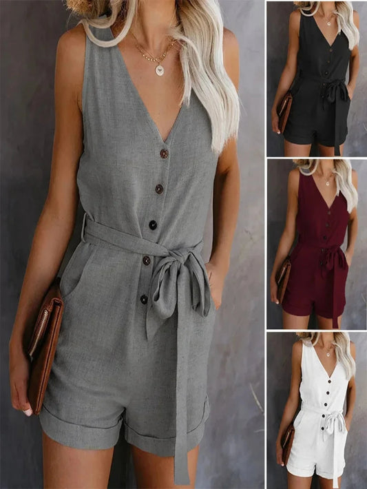 Casual V-neck Monochromatic Jumpsuit