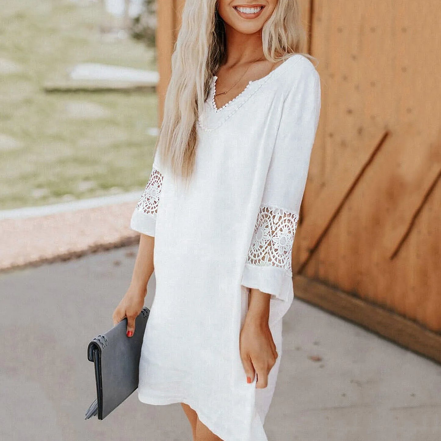 White Lace Dress Casual Spliced