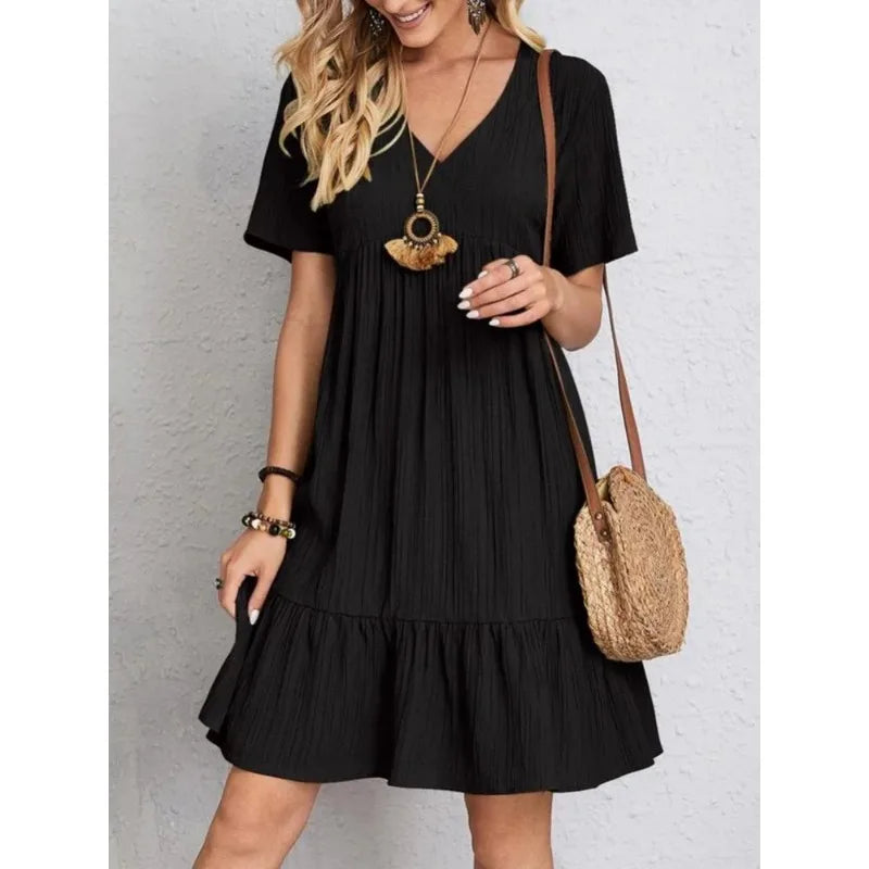 Elegant V-neck Short Sleeve Ruffles Loose Dress