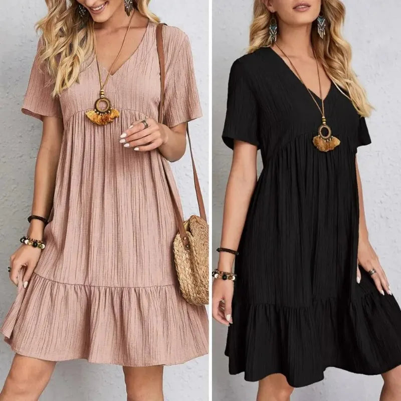 Elegant V-neck Short Sleeve Ruffles Loose Dress