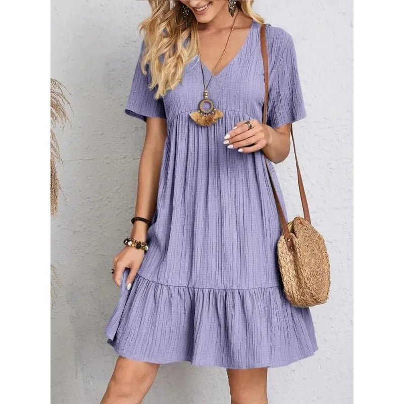 Elegant V-neck Short Sleeve Ruffles Loose Dress